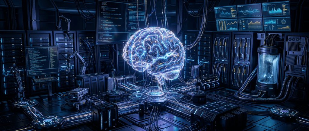 Digital brain simulation connected to servers with glowing neural pathways